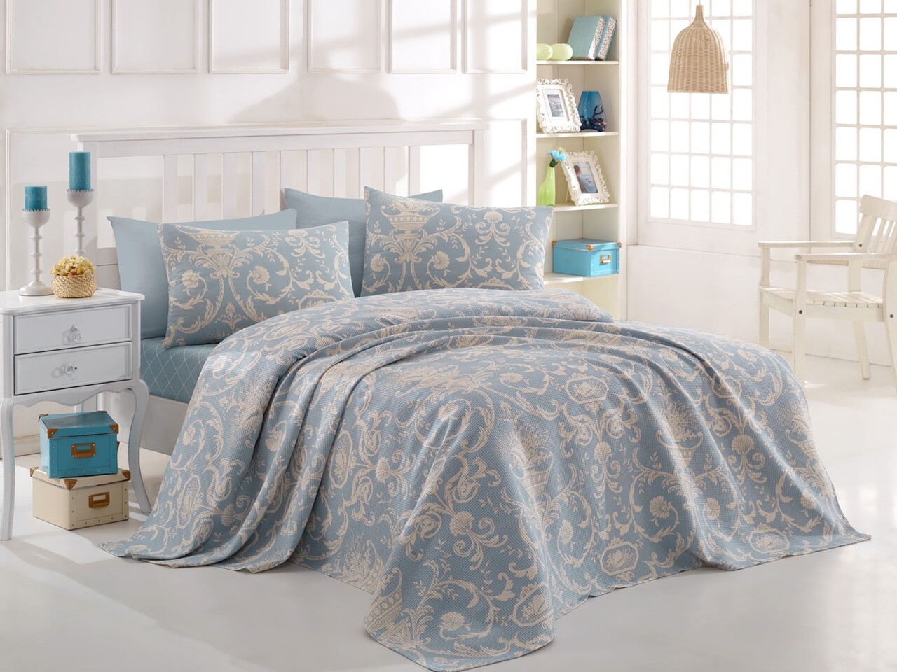 Set cuvertura de pat dubla, Eponj Home, Tuval Blue, 4 piese, 100% bumbac, bleu/crem - imagine 6